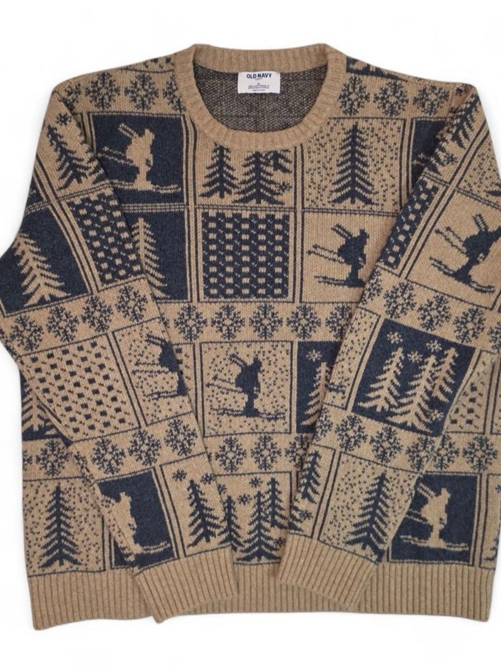 Old Navy Men's XL Ski Sweater Tan Navy Nordic Skier Print Vintage Style